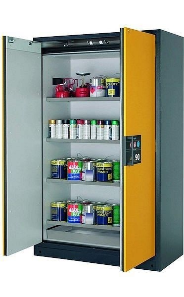 asecos Sicherheitsschrank Q-CLASSIC-90, Q90.195.120 in sicherheitsgelb RAL 1004 mit 4x Fachboden (Edelstahl), 30001-040-30011