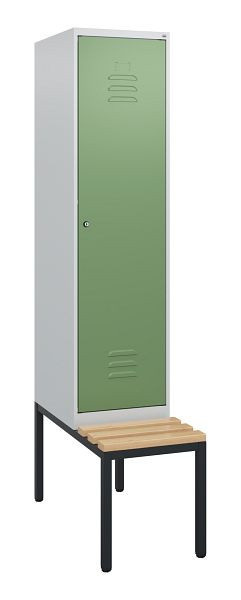 C+P Umkleidespind Classic PLUS, mit untergebauter Sitzbank, 1950x400x815mm, 7035/6011, Zylinderschloss, Buche-Sitzleisten, 0800505-12 S10021