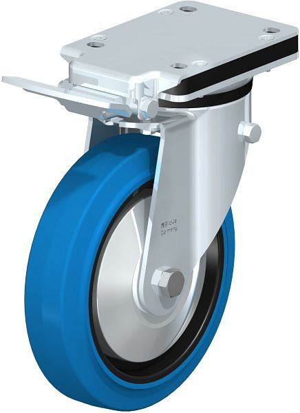 Blickle LK-POEV 200KD-IS-SB-FA Stahlblech-Lenkrolle, mittelschwere Ausführung, mit Anschraubplatte & Feststeller, Elastik-Vollgummi, Blau, 851319