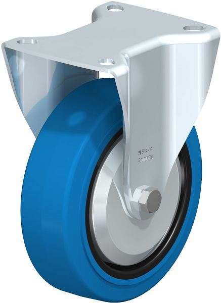 Blickle BK-POEV 125R-1-SB-FA Stahlblech-Bockrolle, schwere Ausführung, mit Anschraubplatte, Elastik-Vollgummi, Blau, 737268