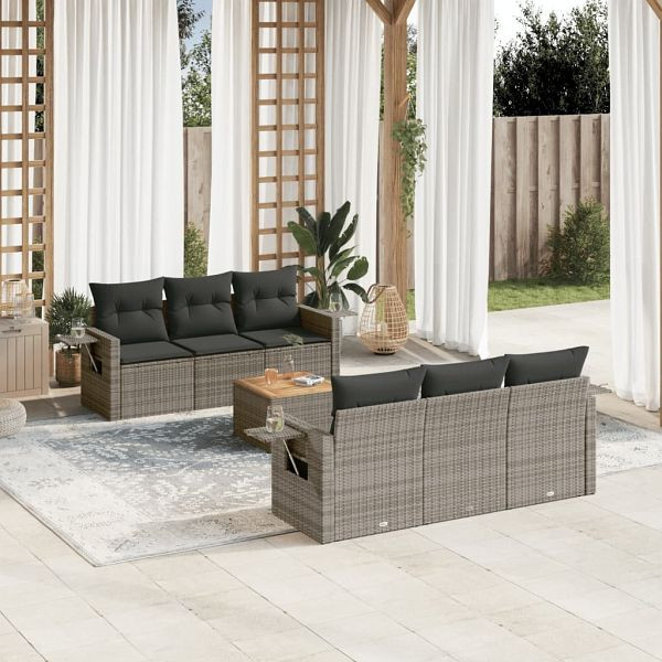 vidaXL 7-teilig Garten-Sofagarnitur mit Kissen Grau Poly Rattan, 3224457