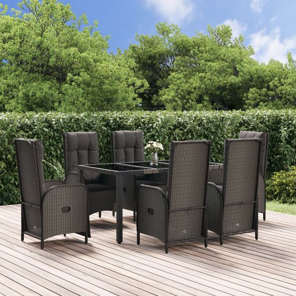 vidaXL 7-teilig Garten-Essgruppe mit Kissen Schwarz Poly Rattan, 3185066