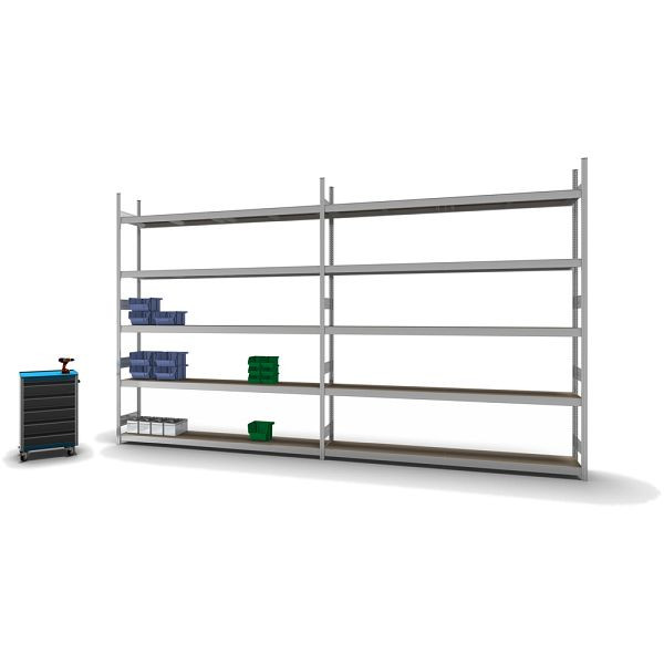 hofe Großfach-Grundregal, 3000x400x2500 mm, 5 Fachebenen, Spanplatte verzinkt, 350 kg Fachlast, 2000 kg Feldlast, zweiseitige Bedienung, GZG30425S