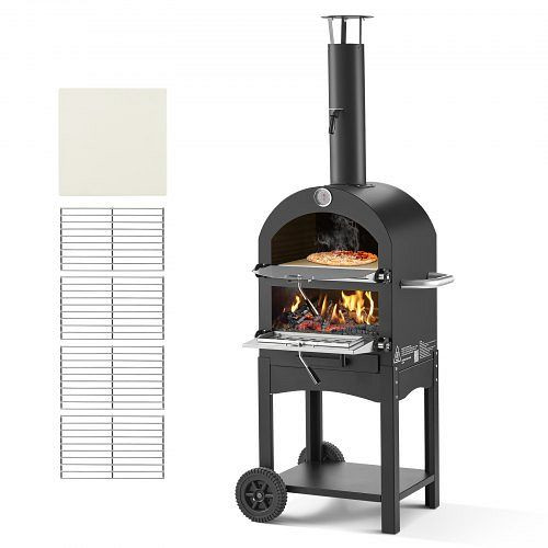 VEVOR 12 Zoll Pellet-Pizzaofen, 2-lagig, Holzfeuerung, Outdoor mit 2 abnehmbaren Rädern, bis 540 °C, zum Grillen, LSPSLHS458X48H85L001V0