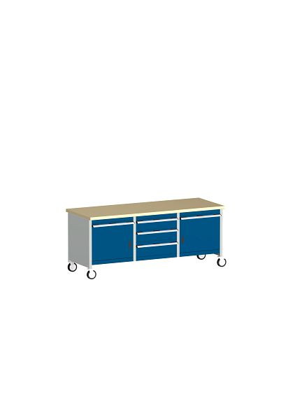 bott cubio Kastenwerkbank mobil 5 Schubladen 2 Türen, Rotbuche-Arbeitsplatte BxTxH: 2000 x 750 x 840 mm, RAL 7035/5010, 41002134.11V