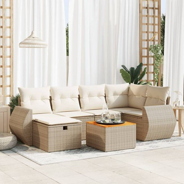 vidaXL 7-tlg. Garten-Sofagarnitur mit Kissen Beige Poly Rattan, 3325845