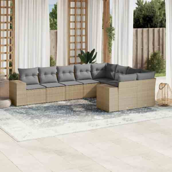 vidaXL 9-tlg. Garten-Sofagarnitur mit Kissen Beige Poly Rattan, UV-beständig, 3223038