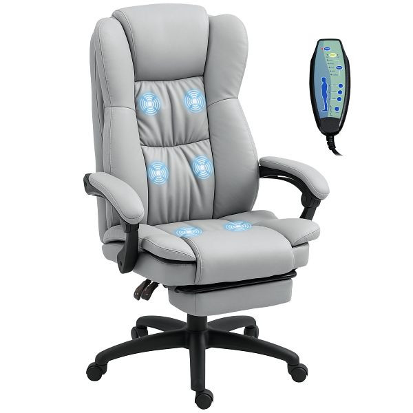 Vinsetto Verstellbarer Drehstuhl mit Fußstütze, Kopfstütze, Massagefunktion, Kunstleder, 68,5x68,5x113-121cm, Hellgrau, 921-539V90LG