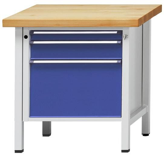 ANKE Werkbänke Kastenwerkbank; 800 x 700 x 890 mm; RAL 7035/5010; Buche-Massiv-Platte 40 mm; 3 Schubladen 60, 120, 360 mm, 302.065