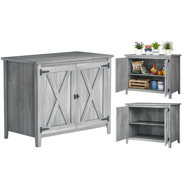 Outsunny Gartenschrank, Holzschrank für Gartengeräte, Outdoor-Schrank für Terrasse, mit Doppeltüren, Scheunendesign, Hellgrau, 84H-178V00LG
