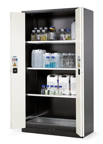 asecos Chemikalienschrank Systema CS-103F, Korpus anthrazit, weiss, 3 Einlegeböden und Bodenwanne, 202707