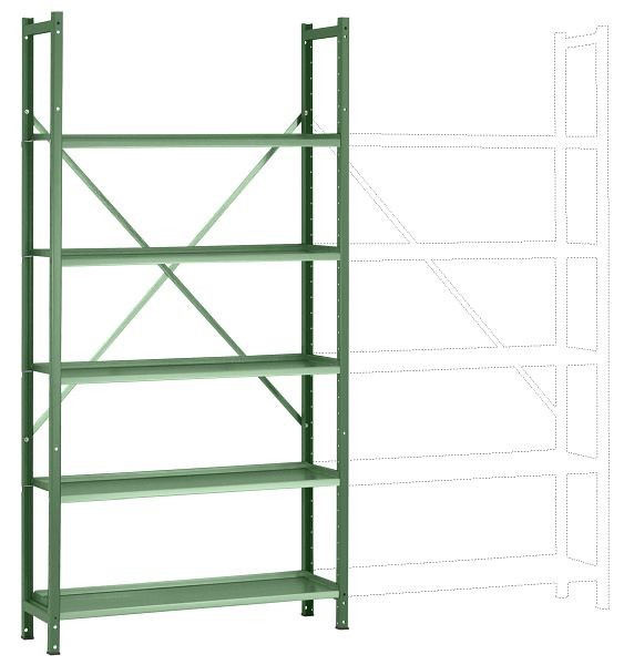 Manuflex Büro-Steck-Grundregal mit 5 pulverbeschichteten Stahlböden, HxBxT = 1900 x 960 x 300 mm, resedagrün, RA3151.6011