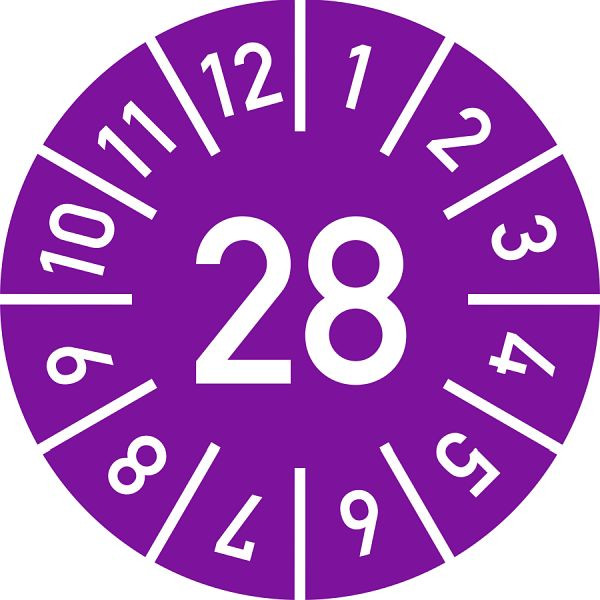Moedel Prüfplakette Jahr 28 mit Monaten, violett, Folie, Ø 10 mm, VE: 10 Stück/Bogen, 106908