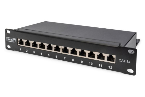 DIGITUS CAT 6A Patch Panel, geschirmt, 12-Port 1HE, 10", Rack Mount, schwarz RAL 9005, DN-91612S-EA