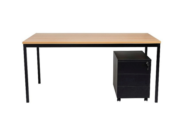 Mades Schreibtisch und Stahl Rollcontainer, 3 Schübe, Buche, 140X80X75 cm, MAK10786413