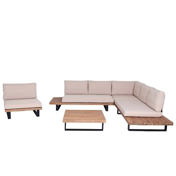 Mendler Garten-Garnitur mit Sessel HWC-H54, Lounge-Set Sofa, Spun Poly Akazie Holz FSC® Aluminium, hellbraun, Polster beige, 98269+98270+98524+101472