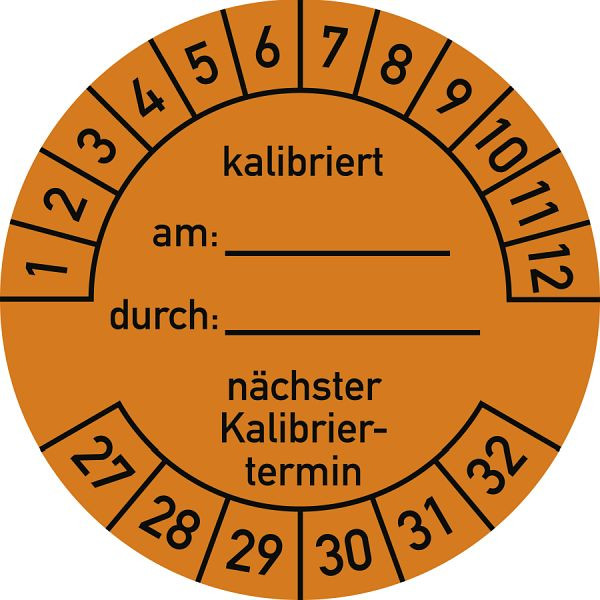 Moedel Prüfplakette kalibriert am: durch: nächster...2027-2032, Folie, Ø 40 mm, VE: 10 Stück/Bogen, 108213