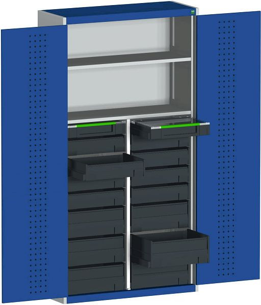 bott cubio Koffer-Flügeltürschrank bestückt 2 varioSort, 14 varioSlide, 2 Fachböden B x T x H: 1050 x 400 x 2000 mm, RAL 7035/7016, 40032021.19V