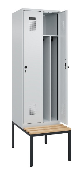 C+P Spind Evolo PLUS, 2 Abteile, 2120x600x815mm, 7035/7035, Drehriegel, Sitzfläche Buche-Hartholz, Sitzbank, 0490507-20F S10013