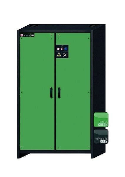 asecos Sicherheitsschrank Q-CLASSIC-30, Q30.195.116 in resedagrün RAL 6011 mit 4x Auszugswanne Standard (Edelstahl), 31003-068-30018