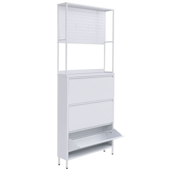 Mendler Schuhschrank HWC-O86, Schuhregal Schuhkipper, 3 Kippfächer Ablage Haken Metall 201x80x20cm, weiß, 139432