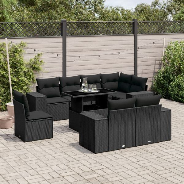 vidaXL 9-tlg. Garten-Sofagarnitur mit Kissen Schwarz Poly Rattan, 3269295