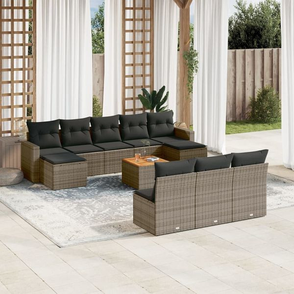 vidaXL 11-teilig Garten-Sofagarnitur mit Kissen Grau Poly Rattan, 3256662