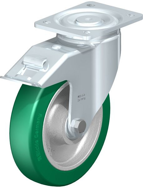 Blickle LH-GST 200K-FI Stahlblech-Lenkrolle, Schwerlast-Ausführung, mit Anschraubplatte & Feststeller, Blickle Softhane®, Grün, 754612