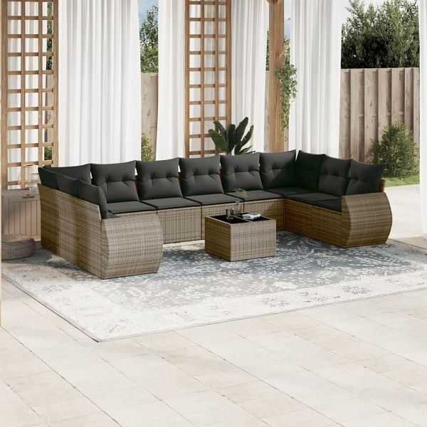 vidaXL 11-tlg. Garten-Sofagarnitur mit Kissen Grau Poly Rattan, 3221879