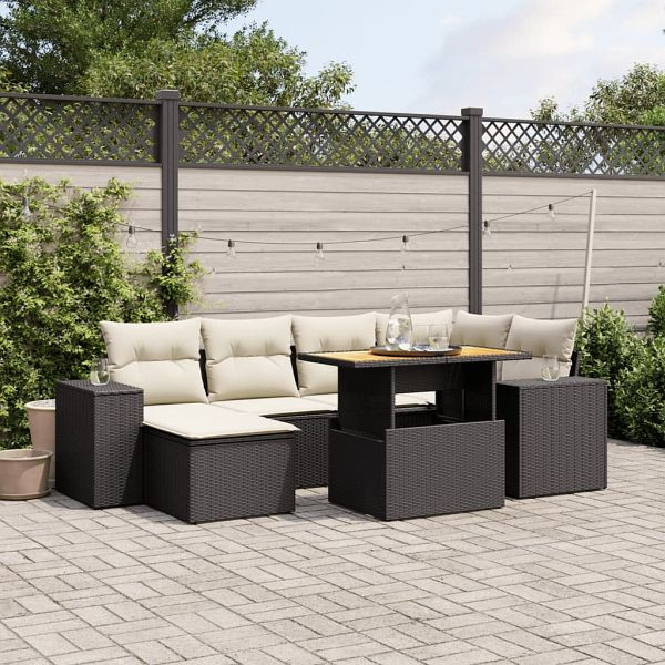 vidaXL 7-teilig Garten-Sofagarnitur mit Kissen Schwarz Poly Rattan, 3272736