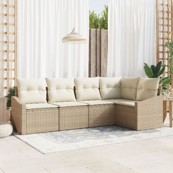vidaXL Garten-Sofa-Set 5-teilig Beige, Creme Poly-Rattan, Polyester, Stahl, 3355390