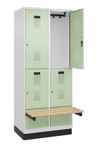 C+P Doppelstock-Spind Evolo PLUS, Bank, 4 Fächer, 1950x800x815mm, 9016/6019, Zylinderschloss, Sitzfläche Buche-Hartholz, mit Sockel, 049340-22 S10046