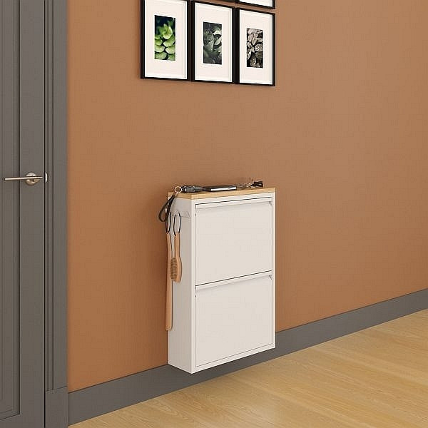 Mades Schuhkipper mit Zubehör, Weiß, 2 Klappen 52x15x73 cm, Saphir Eiche Dekor, Hakenleiste, 153.FRN.MAC2.01.B