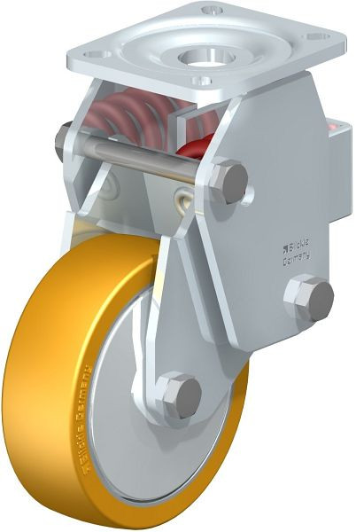 Blickle BHF-ALTH 125K-1-FA Stahlblech-Bockrolle, Schwerlast-Ausführung, mit Stahlfeder, Blickle Extrathane®, Hellbraun, 605824