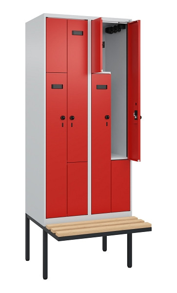 C+P Z-Spind Evolo PLUS, Bank, 4 Fächer, 2120x800x815mm, 7035/3020, Drehriegel, Sitzfläche Holz, 0490437-224 S10012