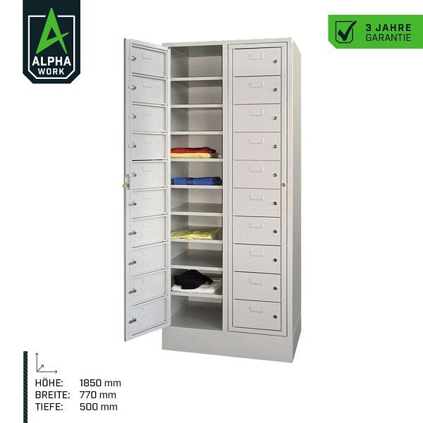 Alpha Work Schließfachschrank, 770 x 1850 x 500 mm, 2 Haupttüren, Korpus: Lichgrau, Front: Enzianblau, mit Sockel, 06052