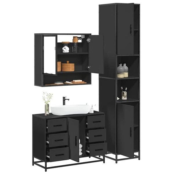 vidaXL 3-tlg. Badmöbel-Set Schwarz Holzwerkstoff, 3301110