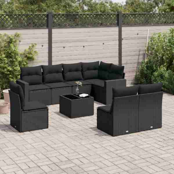 vidaXL 9-tlg. Garten-Sofagarnitur mit Kissen Schwarz Poly Rattan, UV-beständig, 3219065