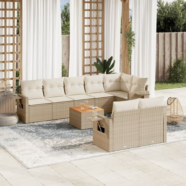 vidaXL 9-tlg. Garten-Sofagarnitur mit Kissen Beige Poly Rattan, 3224651