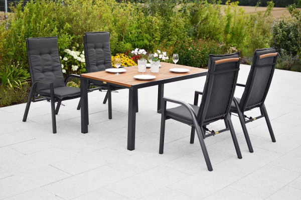 Merxx Tilos Set 9-teilig, 4 Tilos Sessel, Rückenlehne durch Gasdruck verstellbar, 4 Kissen, uni grau, 1 Tilos Tisch, 150 x 90 cm, 50978-800