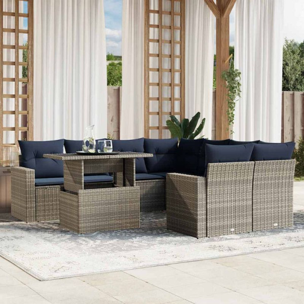 vidaXL 9-teiliges Gartensofa-Set mit Kissen, grau, Polyrattan, 3267171