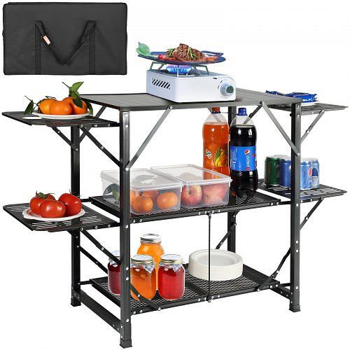 VEVOR Camping-Küchentisch, Aluminium, Faltbar, Tragbar, Outdoor-Kochstation mit 4 Eisenseiten, 2 Regalen und Tragetasche, BJKYDCFHSBDSTYUGSV0