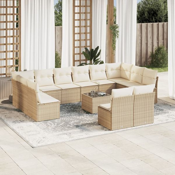 vidaXL 13-teilig Garten-Sofagarnitur mit Kissen Beige Poly Rattan, 3250217