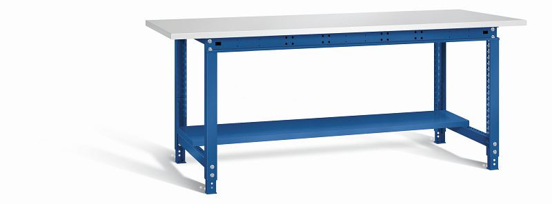 Otto Kind Werktisch allrounder, höhenverstellbar, Melamin-Platte 28 mm, überstehend, 2 Fußgestelle, Stahlblechboden, komplett RAL 5010, 072335013