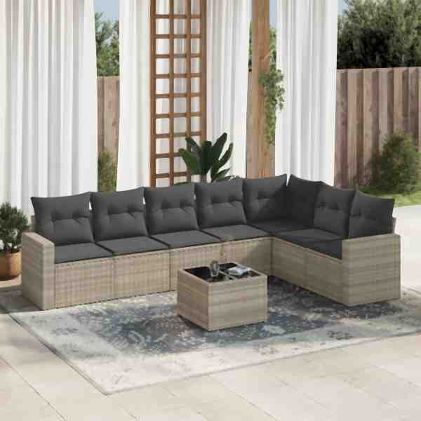 vidaXL 8-tlg. Garten-Sofagarnitur mit Kissen Hellgrau Poly Rattan, UV-beständig, 3219052