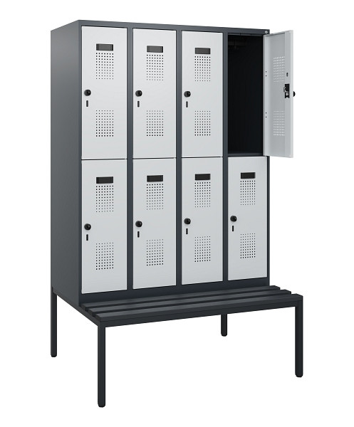 C+P Doppelstöckiger Spind Evolo PLUS, Bank, 8 Fächer, 1950x1200x815mm, 7016/7035, Drehriegel, Sitzfläche Kunststoff, Sitzbank, 0493505-40 S10114