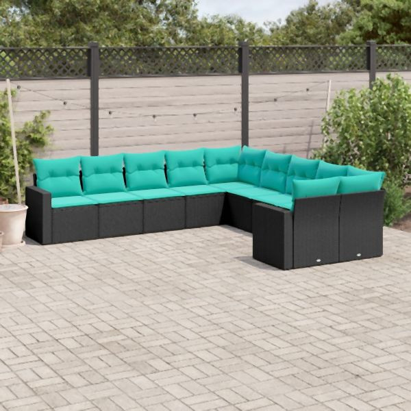vidaXL 10-teilig Garten-Sofagarnitur mit Kissen Schwarz Poly Rattan, 3219497