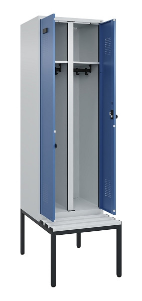 C+P Schwarz-Weiß-Spind Evolo PLUS, Bank, 2 Abteile, 2120x600x815mm, 7035/5023, Drehriegel, Sitzfläche Kunststoff, Sitzbank, 0490527-20 S10062