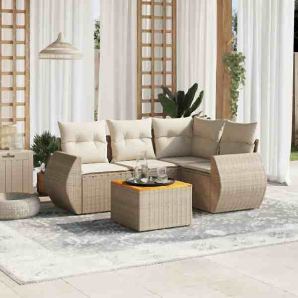 vidaXL 5-tlg. Garten-Sofagarnitur mit Kissen Beige Poly Rattan, UV-beständig, 3257318