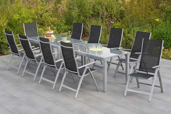 Merxx Carrara Set 11-teilig, 10 Klappsessel, 1 Flex Ausziehtisch, 160/160 x 78/75 x78/74,5 cm, Silber/schwarz, 50698-219